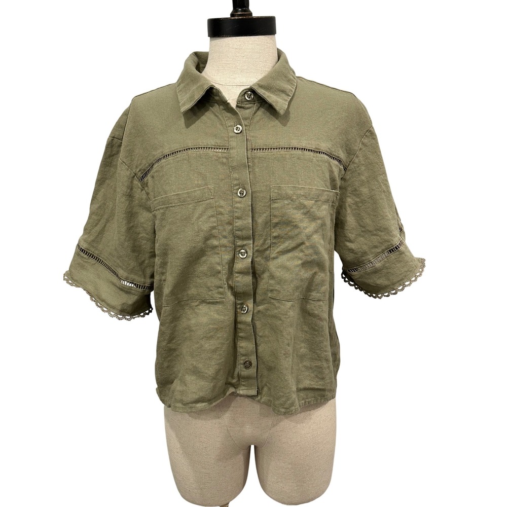 Ellen Tracy Olive Green Linen Blend Short Sleeve Button Down Shirt Size M Eyelet